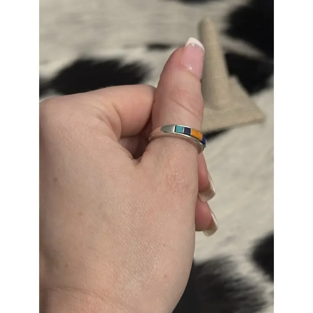 Native American Waldeck Johnson Sterling Silver Ring Spiny Turquoise Lapis WJ